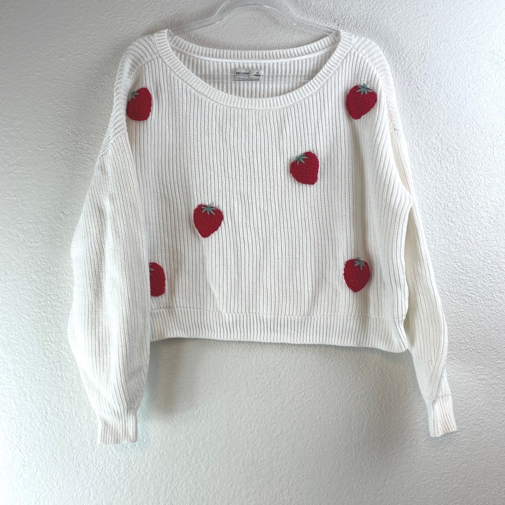 Hollister Women White Strawberry 3D Crochet Applique Knit Sweater Size XS Whimsy